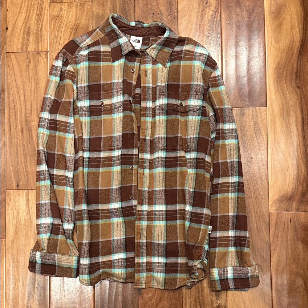The North Face Men's Brown and Green Plaid Shirt